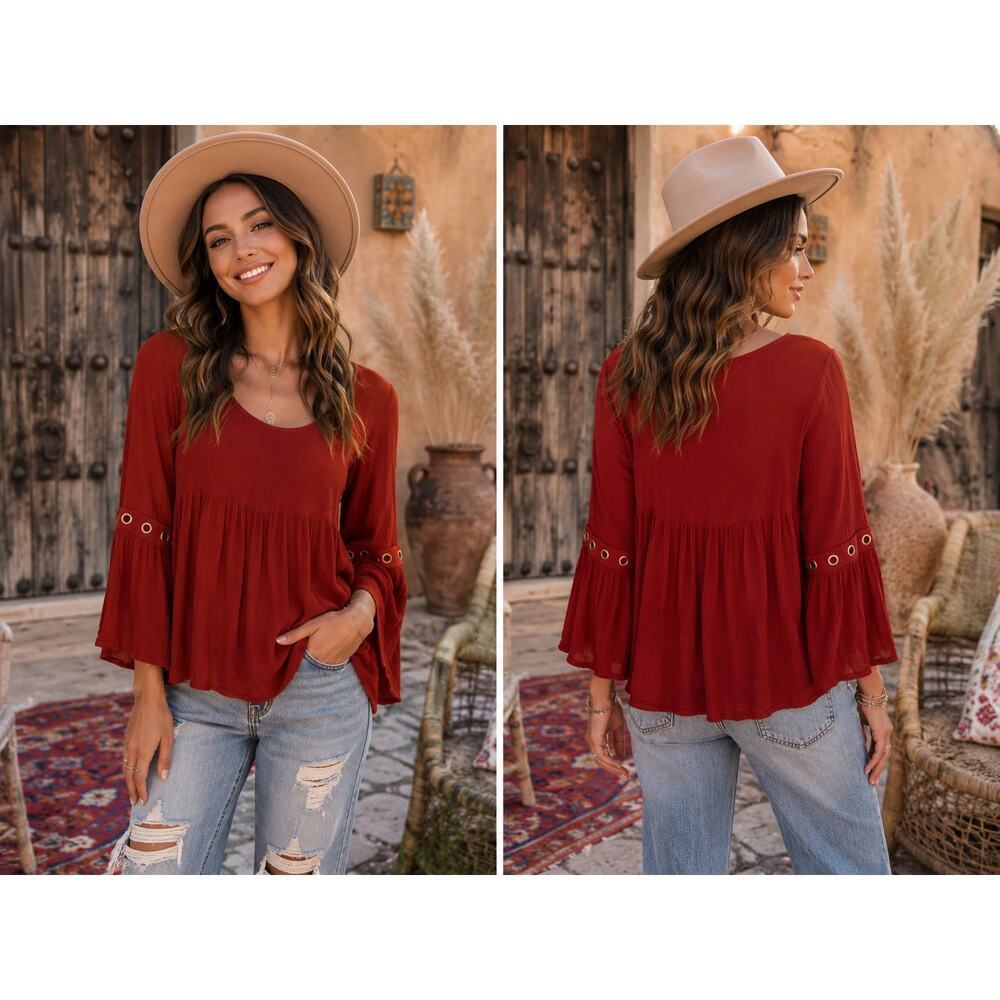 LOLO Rust Red Boho Babydoll Top Bell Sleeve Eyelet Detail Size Large